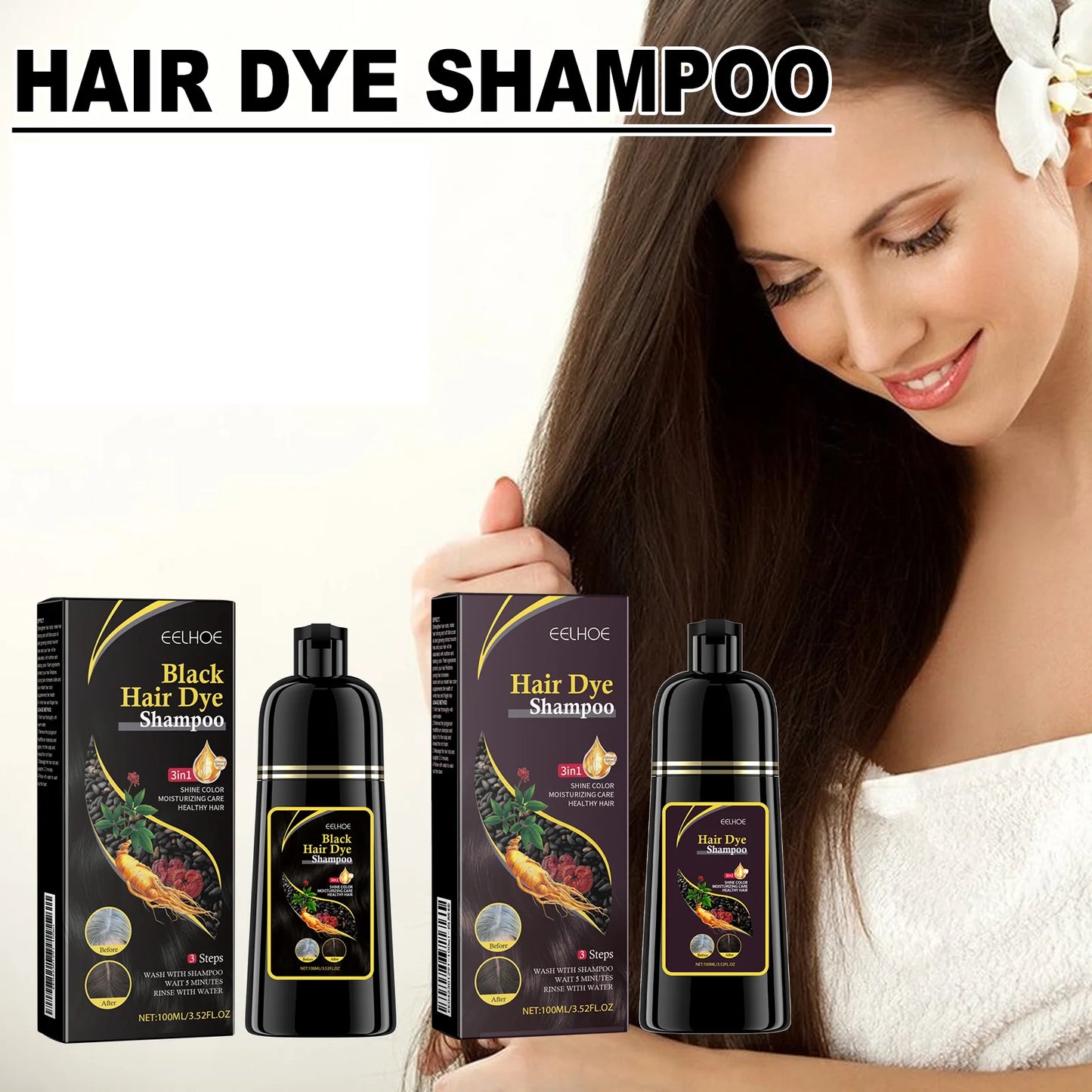 EELHOE 100ml Natural Plant Hair Dye Shampoo 3 in 1 Hair Color Shampoo for Gary Hair Quick Dark Black And Women Men Grey Coverage