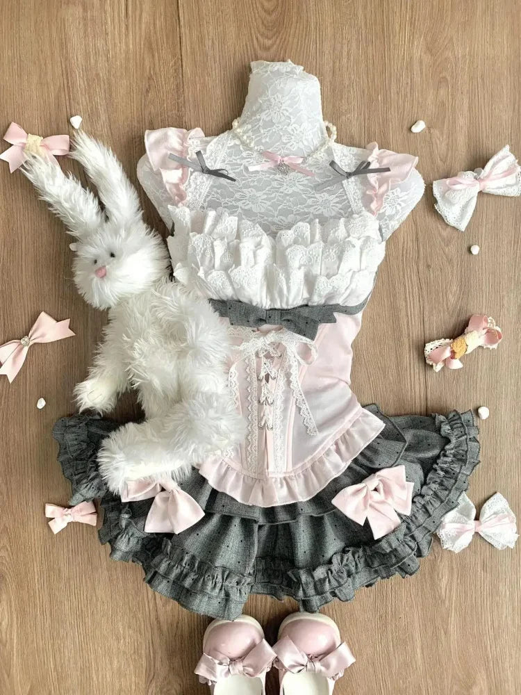 Japanese Sweet Preppy Style 2 Piece Set Women Kawaii Lace Patchwork Bow Tops + Y2k Plaid Mini Skirt Elegant Fashion Outifits New