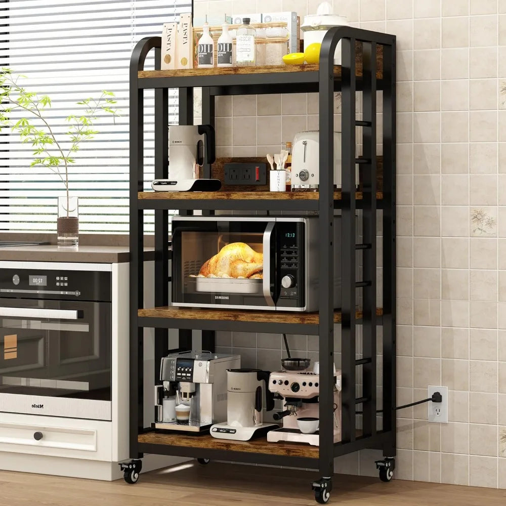 4-Tier Kitchen Bakers Rack with Power Outlet and Rolling Wheels, Microwave Stand with Storage, Adjustable Kitchen Shelves Freest