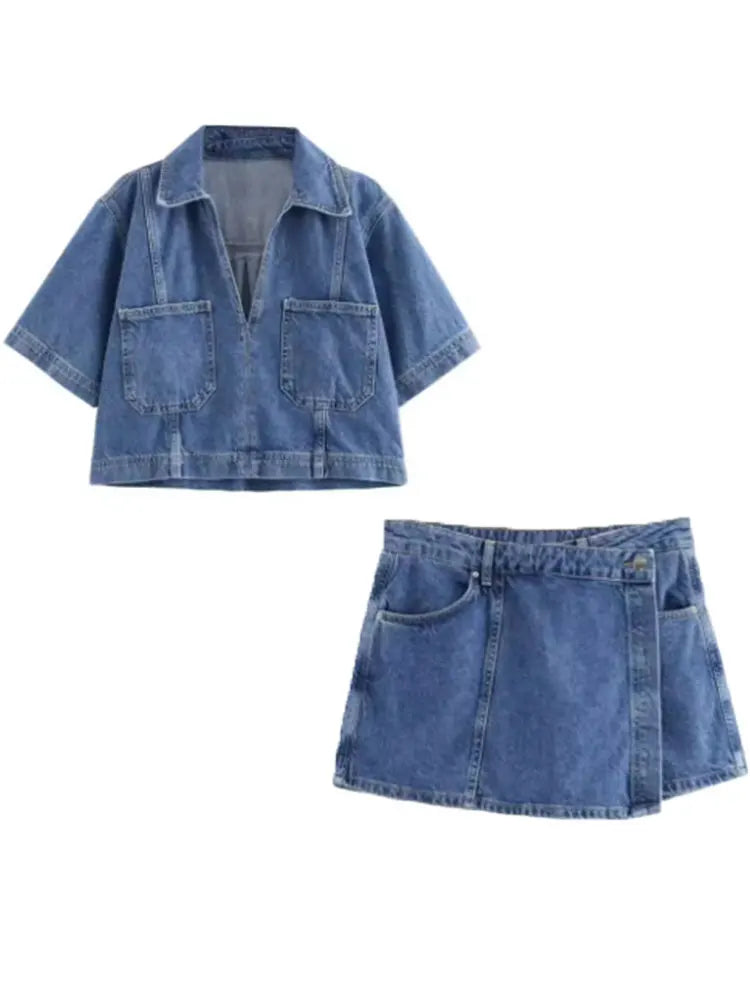 2025 Women's Fashion Flip Pocket Decoration Short Flip Collar Slim fit denim Top + Asymmetric Denim Skirt 2 Piece Set