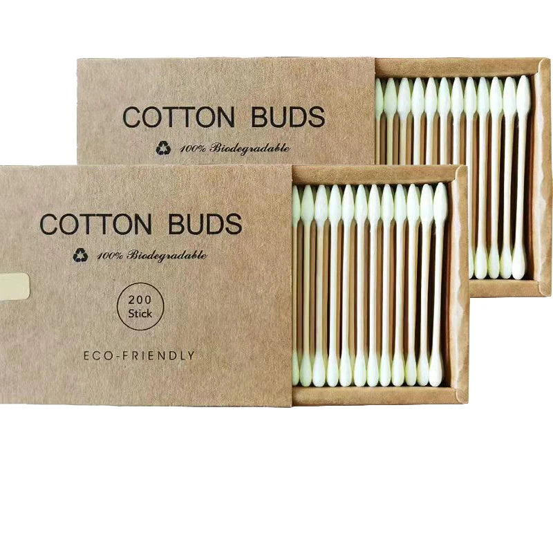 Two boxes of bamboo cotton swabs 400 pcs, biodegradable, organic wooden cotton swabs, double-ended ear swabs, 100% eco-natural