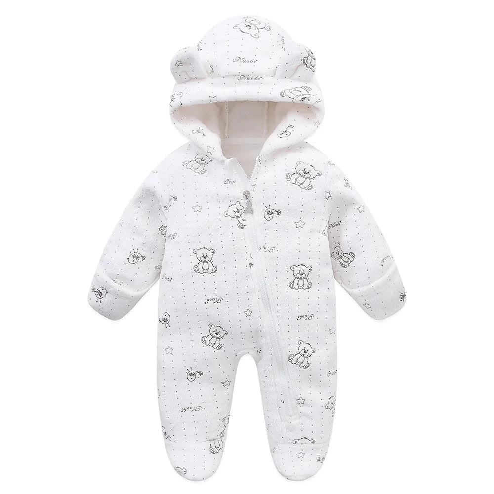OLEKID 2025 Autumn Winter Newborn Baby overalls Plus Velvet Hooded Kids Baby Girl Rompers 0-1 Years Toddler Boy Jumpsuit Outfits