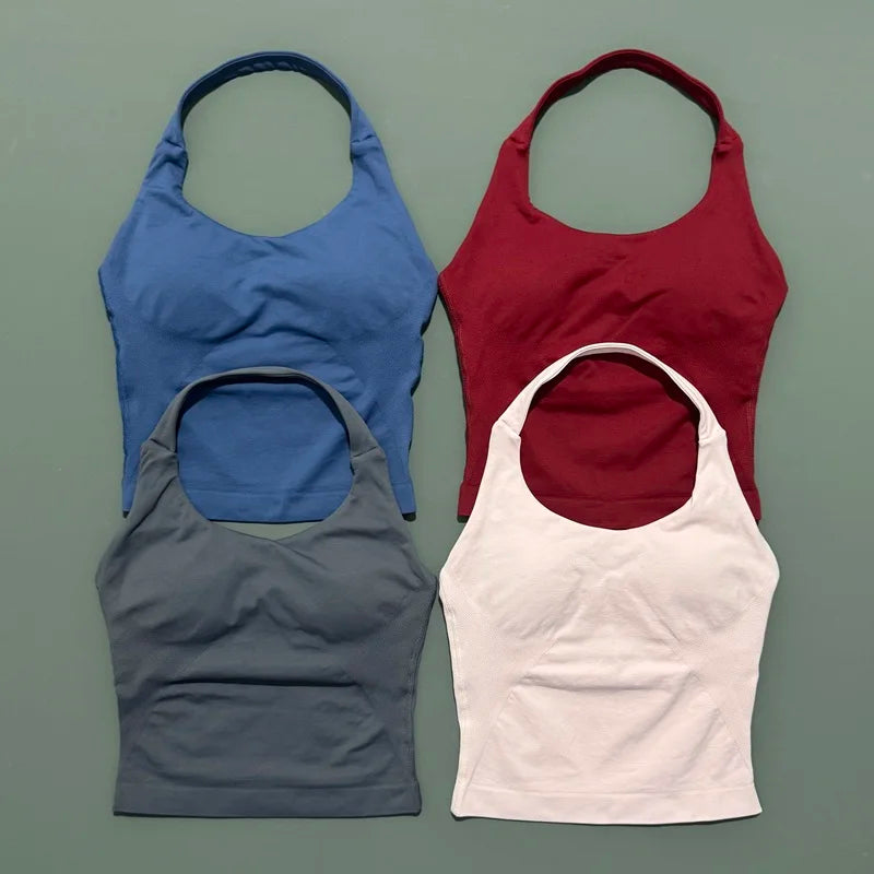 Histello Longline Strappy Top Women Sports Tank Halter Seamless Ruched Backless Gym Activewear Workout Yoga Fitness Tops