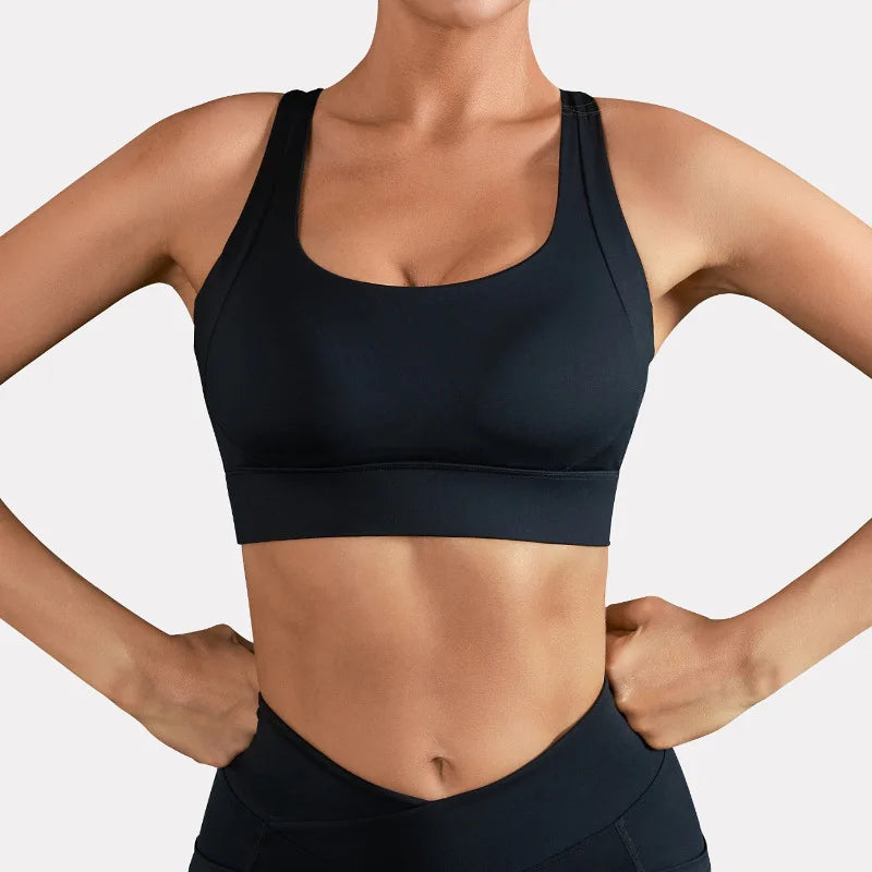 Women Solid Color Cross Back Fitness Sport Bra High Strength Tight Top Comprehensive Training Gym Yoga Bras with Chest Pad