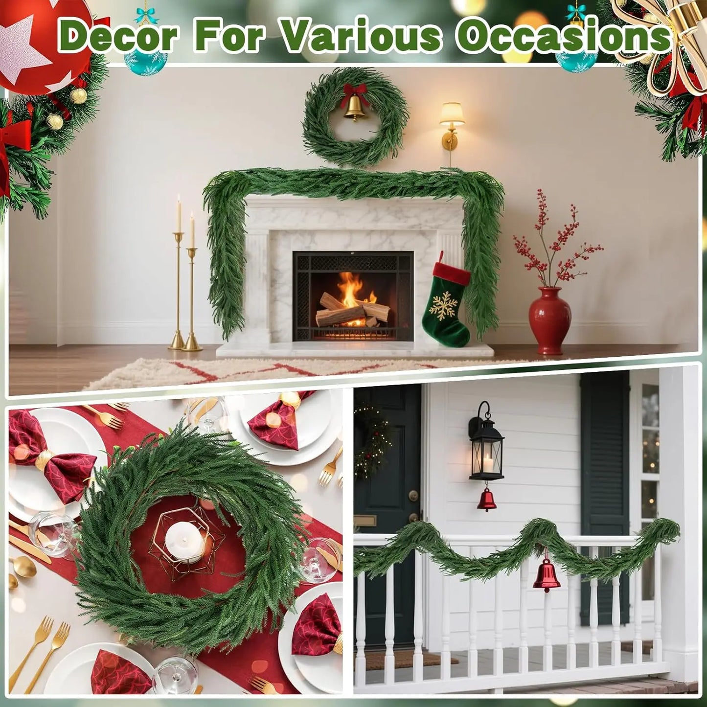 2Pcs Christmas Garland 6 FT Artificial Norfolk Pine Garlands for Winter Mantel Table Wall Xmas New Year Home Party Decorations