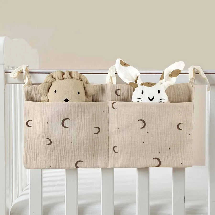 Bedside Hanging Diaper Bag Infant Toys Bag Stroller Diapers Hanging Bag Baby Crib Organizer Cot Caddy Bed Storage Bag 2 Pockets