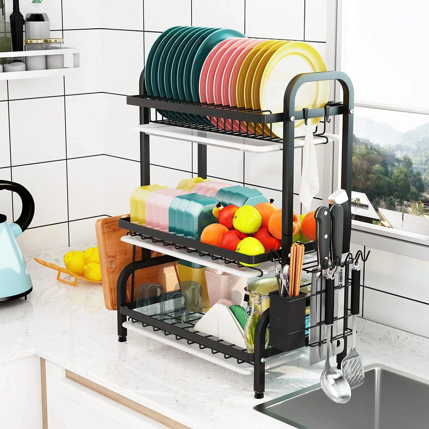 3 Tier Dish Drying Rack with Tray Utensil Holder,with Cutting Board Holder Drainboard Tray for Kitchen Counter Organizer Storage
