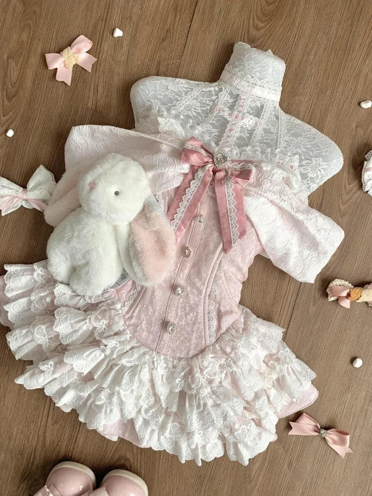 Japanese Sweet Preppy Style 2 Piece Set Women Kawaii Lace Patchwork Bow Tops + Y2k Plaid Mini Skirt Elegant Fashion Outifits New