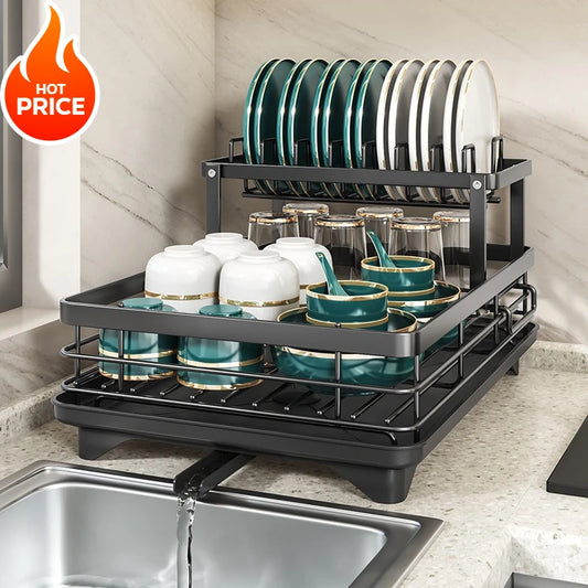 Adjustable Bowl Rack - 2 Tier Dish Drainer Storage Adjustable Space Saving Kitchen Utensil Organizer for Plates Cups Cutlery