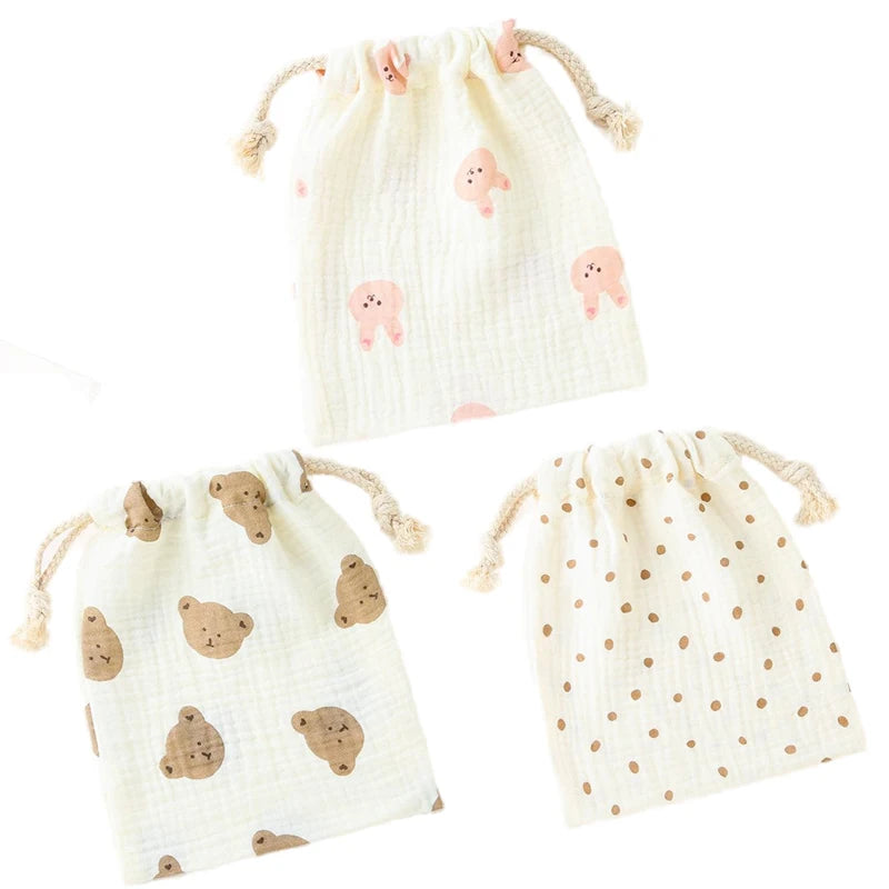 3 PCS Cotton Muslin Stroller Hanging Pocket Baby Towel Diaper Pouch Baby Drawstring Storage Bags Baby Items Accessories
