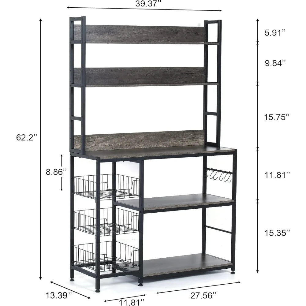 Kitchen Bakers Rack with Baskets,Free Standing Shelf,5-Tier Kitchen Utility Storage Shelf with Hooks, Microwave Oven Stand Rack