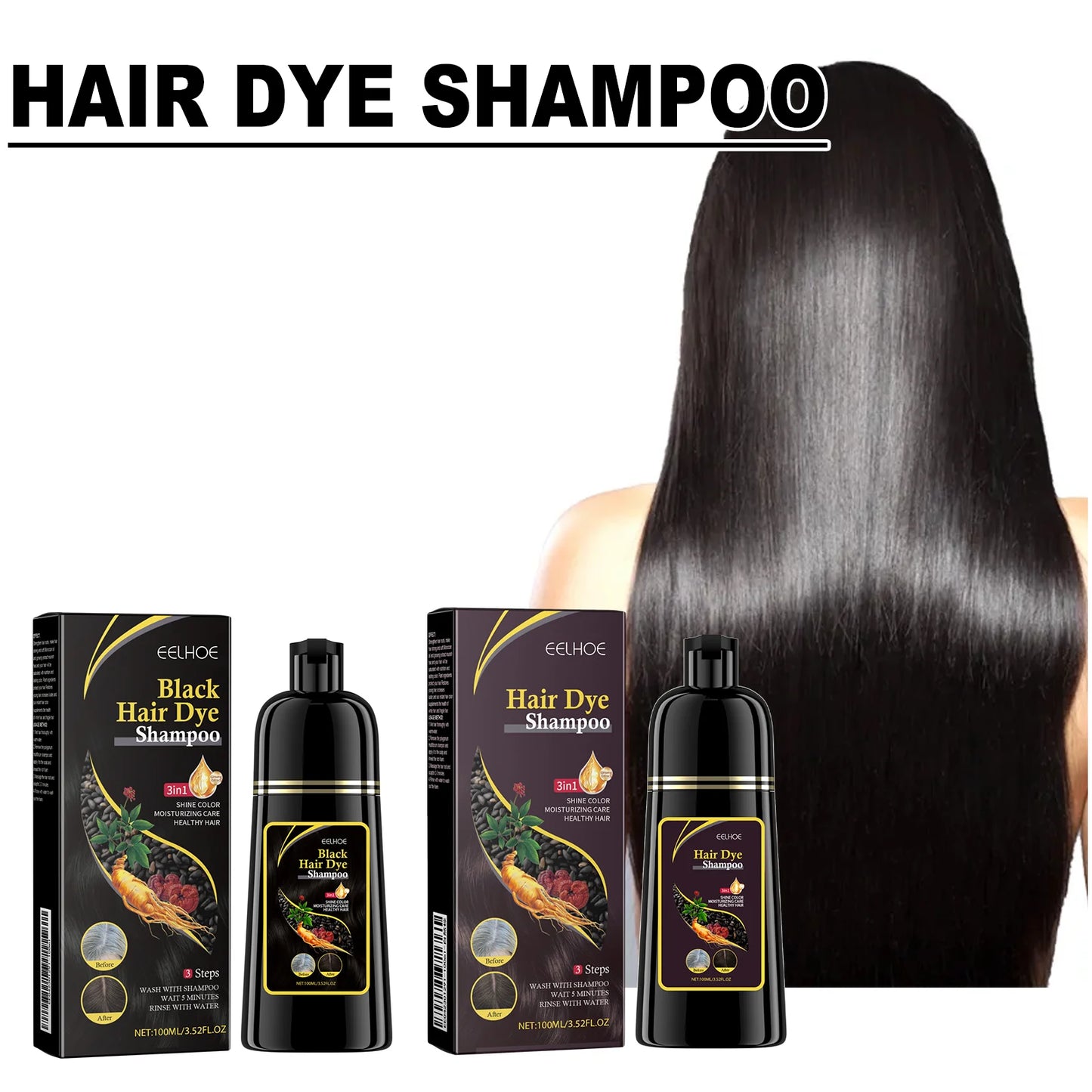EELHOE 100ml Natural Plant Hair Dye Shampoo 3 in 1 Hair Color Shampoo for Gary Hair Quick Dark Black And Women Men Grey Coverage