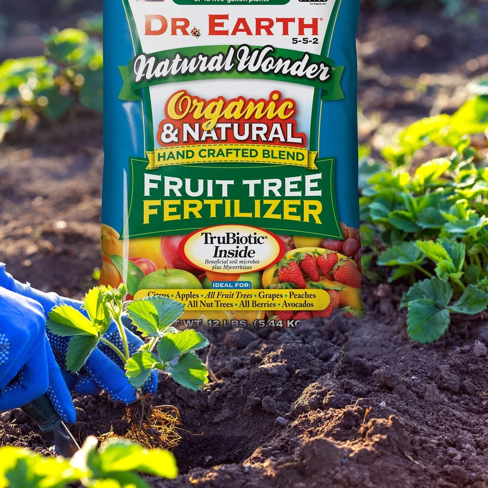 Natural Organic Fruit Tree Food Fertilizer 5-5-2 12 lb Certified Non GMO Quick Release Nutrients Safe People Pets Covers 180 sq