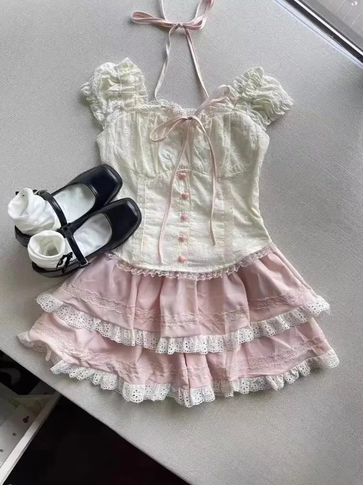 Japanese Sweet Preppy Style 2 Piece Set Women Kawaii Lace Patchwork Bow Tops + Y2k Plaid Mini Skirt Elegant Fashion Outifits New