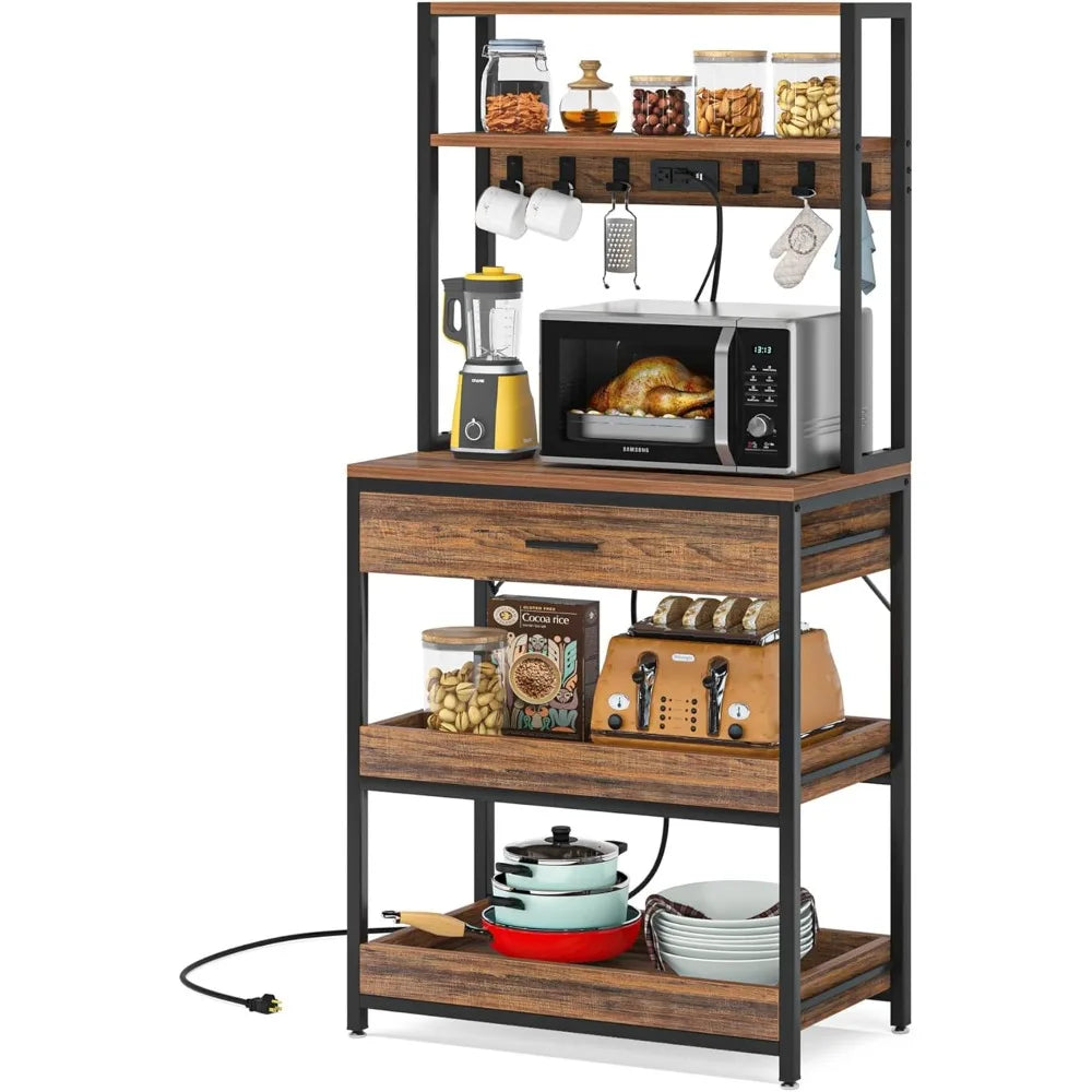 LITTLE TREE Kitchen Baker’s Rack with Power Outlets, Freestanding 5-Tier Microwave Stand with Drawers & Sliding Shelves, Coffee
