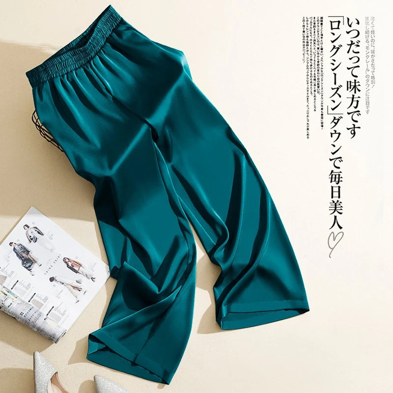 Acetate Satin Wide-leg Pants Women Summer New High-waisted Silk Straight Trousers Ladies Silky Green Korean Fashion Long Pants