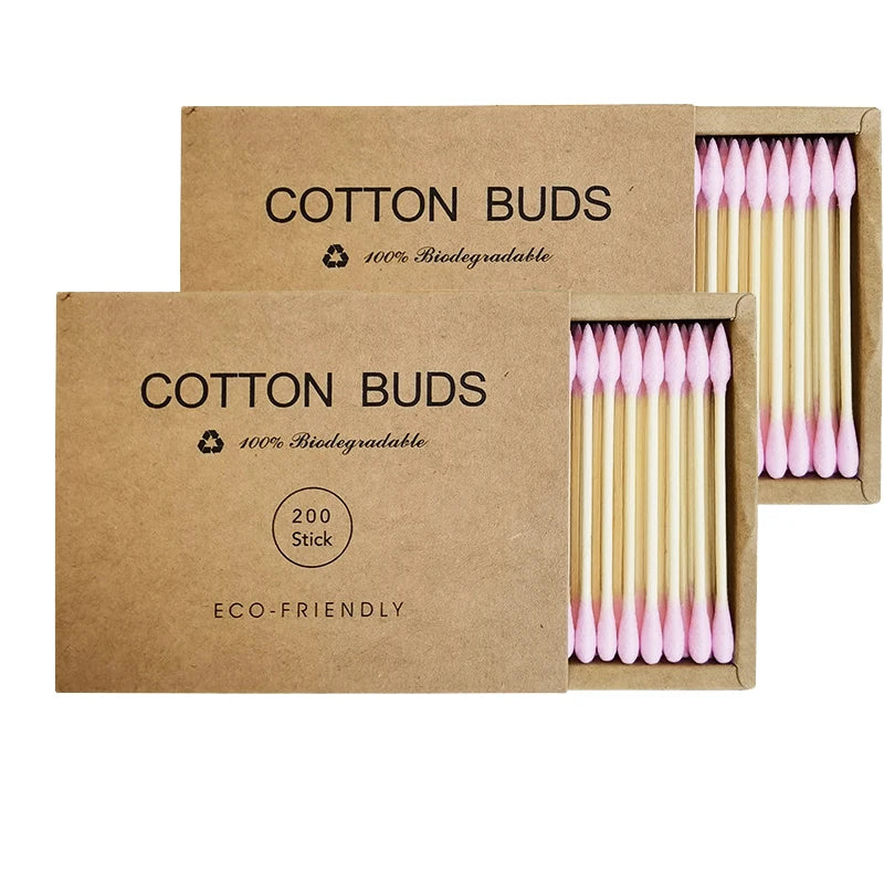 Two boxes of bamboo cotton swabs 400 pcs, biodegradable, organic wooden cotton swabs, double-ended ear swabs, 100% eco-natural