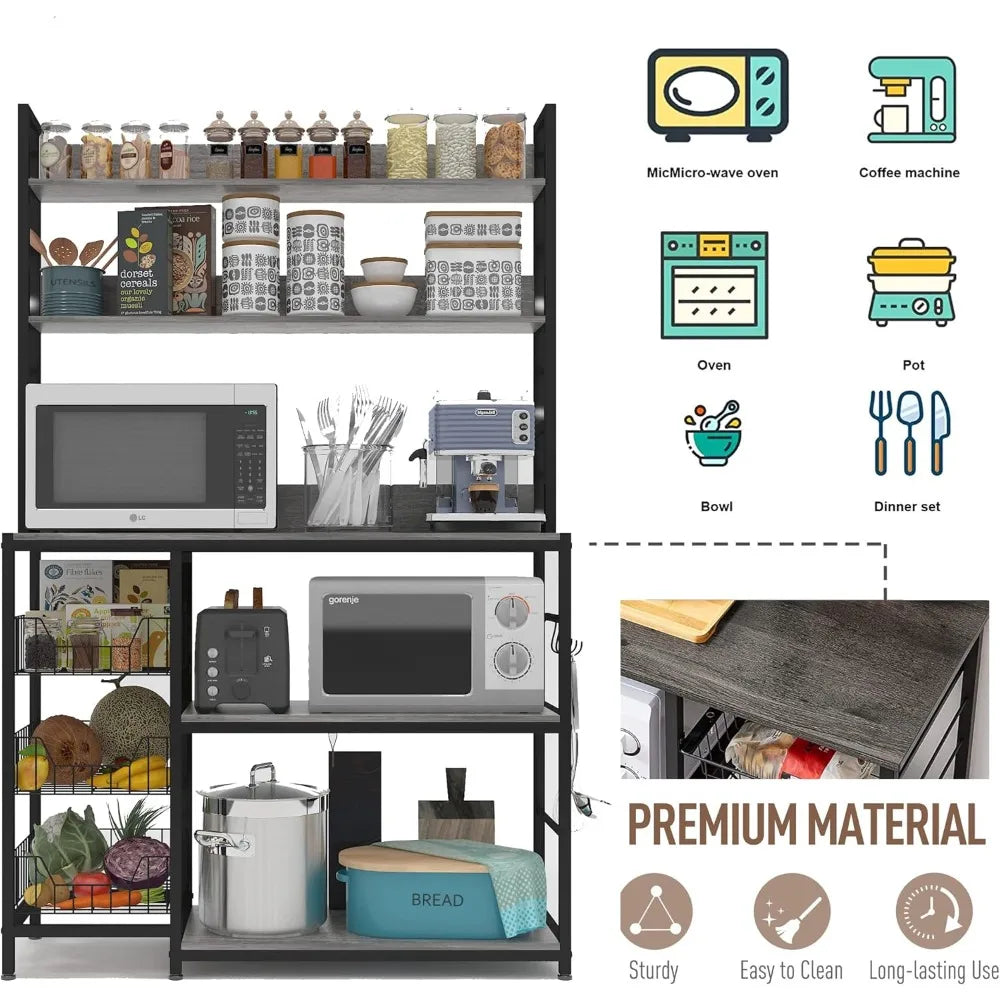 Kitchen Bakers Rack with Baskets,Free Standing Shelf,5-Tier Kitchen Utility Storage Shelf with Hooks, Microwave Oven Stand Rack