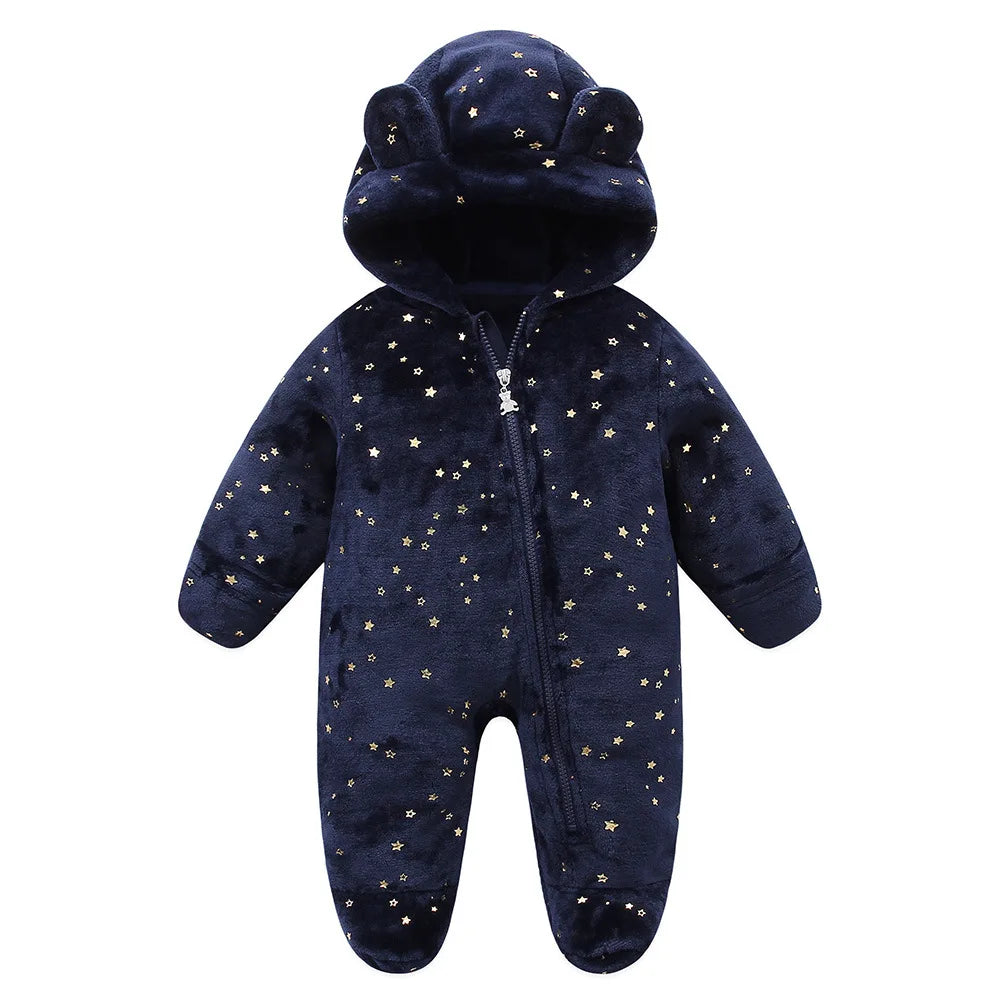 OLEKID 2025 Autumn Winter Newborn Baby overalls Plus Velvet Hooded Kids Baby Girl Rompers 0-1 Years Toddler Boy Jumpsuit Outfits