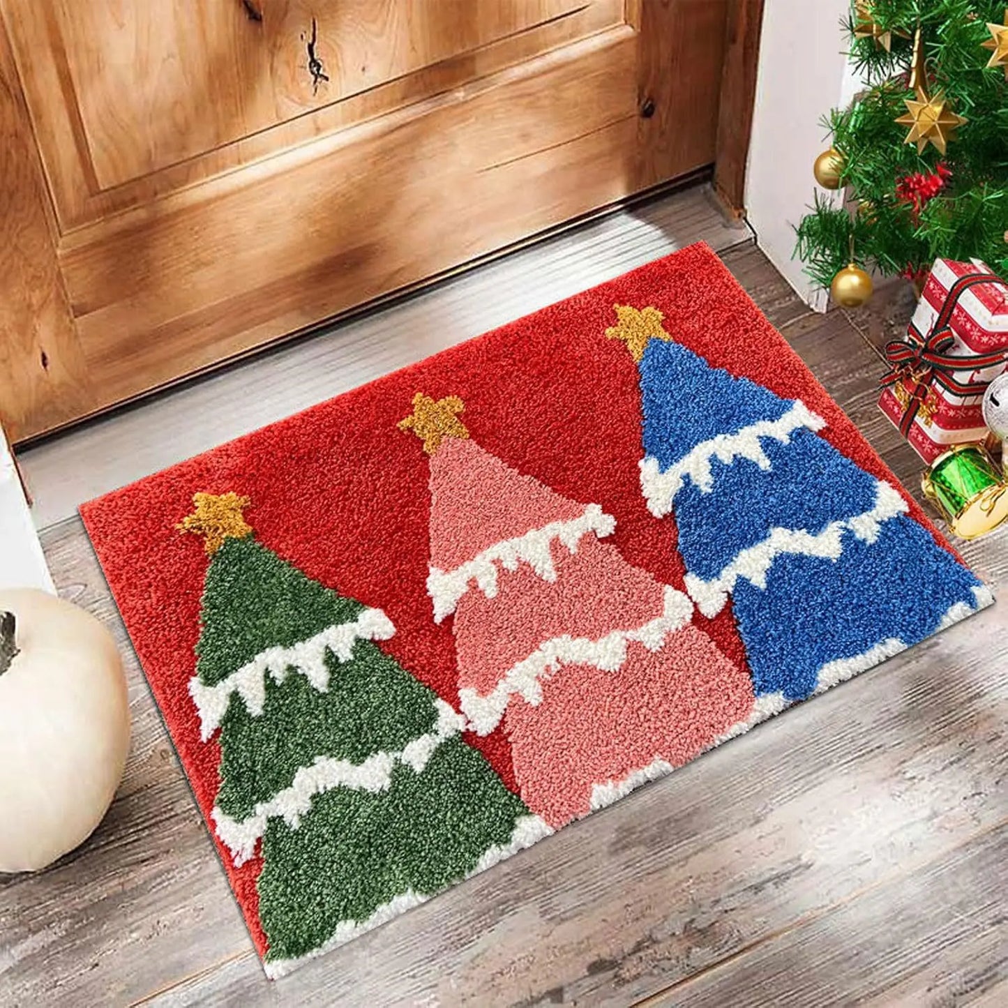 Christmas Door Mat Plaid Pattern Welcome Rug Festive Home Decor Mat Waterproof Non Slip Floor Protector for Xmas Entrance