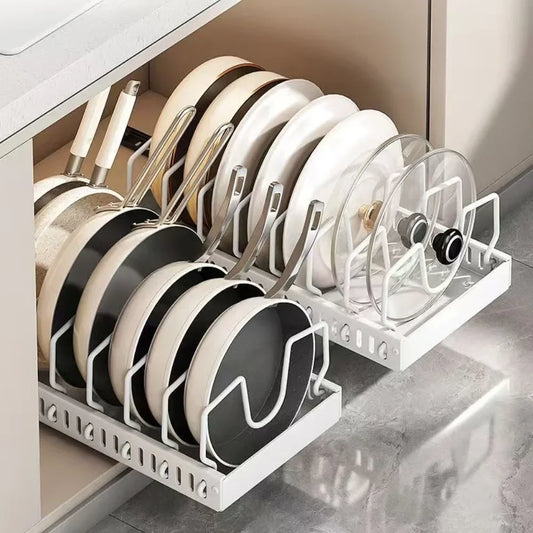 Kitchen Pull-Out Pot Rack Adjustable Cupboard Trays Dishes Partition Shelf with Slide Rails Organizer Tray Drawer Storage Racks