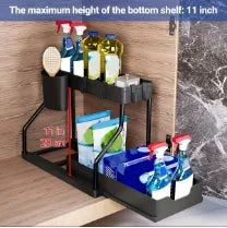 2 Tier Slide Out Under Sink Organizer with Hooks Space Saving Storage Rack for Kitchen Bathroom Cabinet Large Capacity Durable