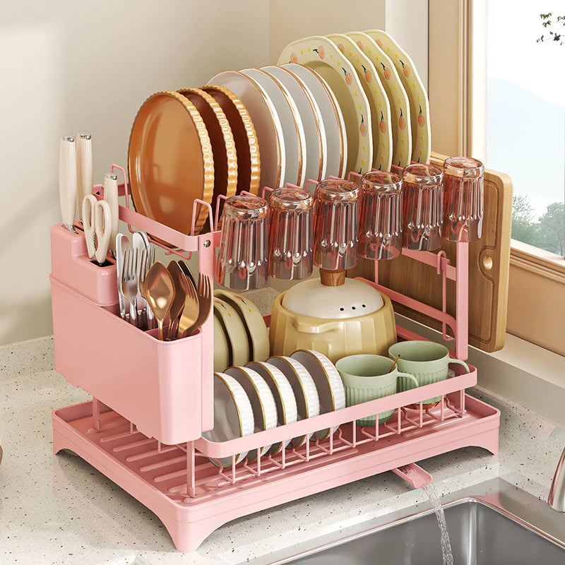 Pink Dish rack, kitchen storage organizer for bowls and plates, snap-on design, no drilling install, trendy home appliance