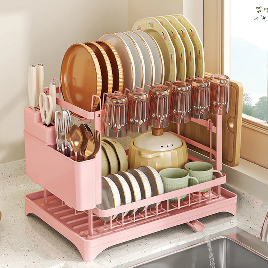 Pink Dish rack, kitchen storage organizer for bowls and plates, snap-on design, no drilling install, trendy home appliance