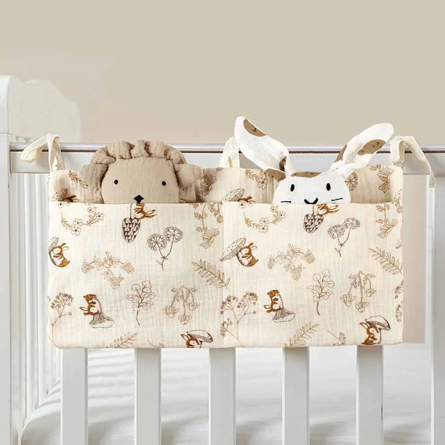 Bedside Hanging Diaper Bag Infant Toys Bag Stroller Diapers Hanging Bag Baby Crib Organizer Cot Caddy Bed Storage Bag 2 Pockets