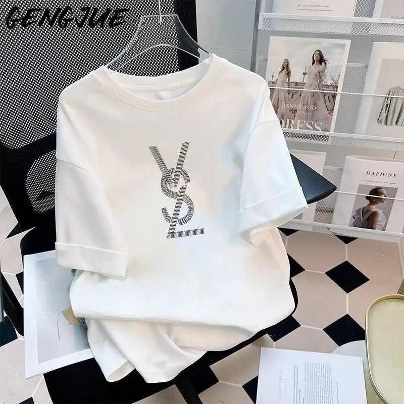 100% Pure Cotton American Style Retro Short Sleeve T-shirt Women Summer Fashion Letter Printed O-neck Loose Casual Top