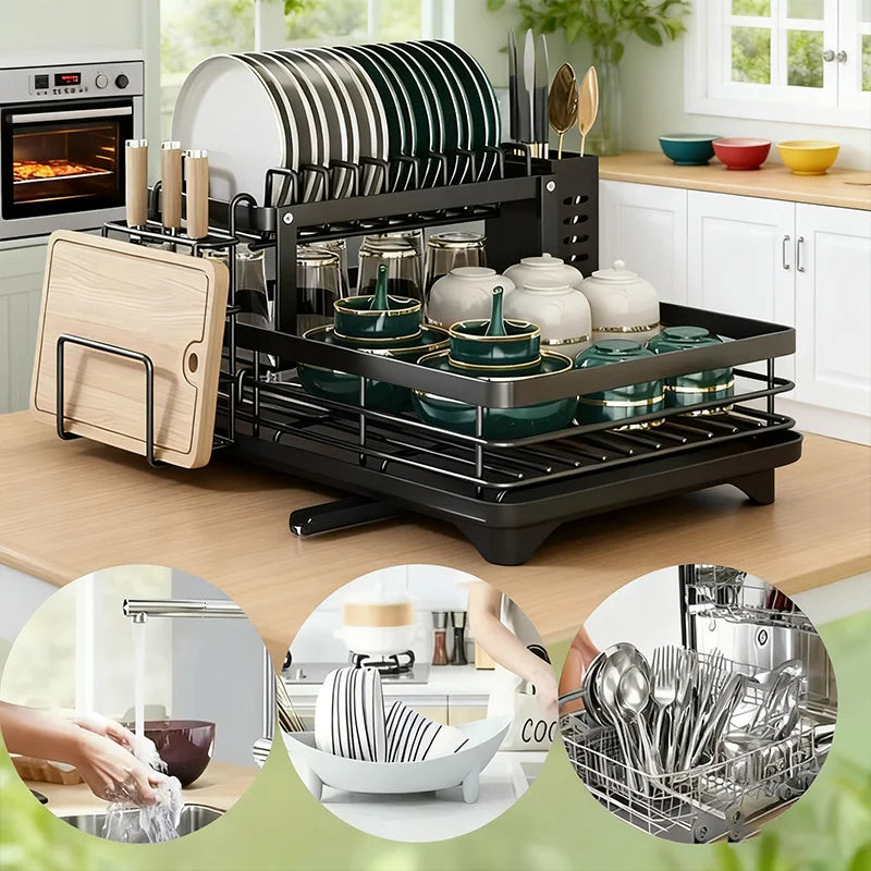 New Premium Dish Drying Rack for Kitchen Countertop Double Layer Multi tier Style with Cup and Bowl Storage Kitchen Organizer