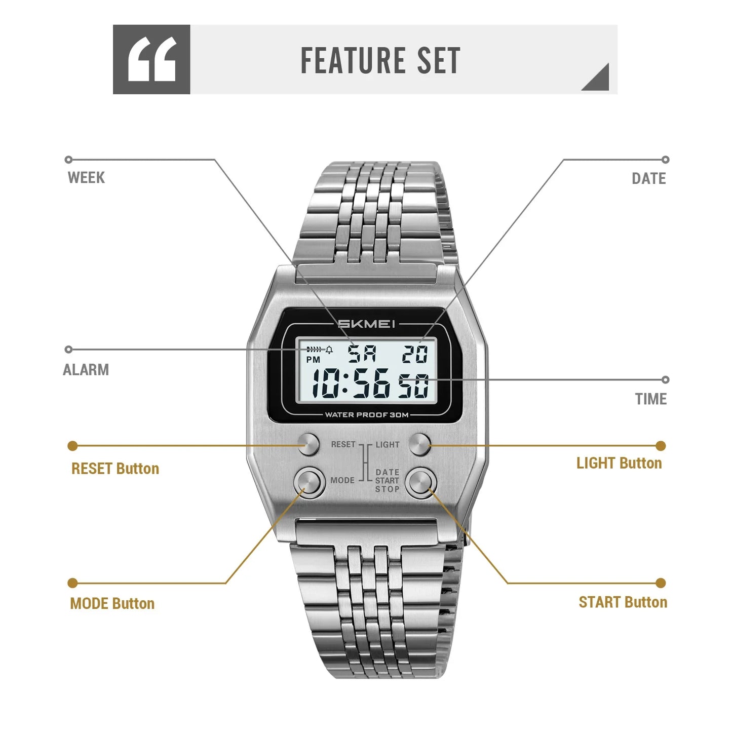 SKMEI 2460 Wristwatches Reloj Hombre Waterproof Digital Watch for Men Stainless Steel Sport Luxury Retro LED Electronic Mens