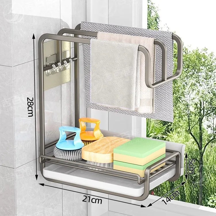 Wall-Mounted Non-Perforated Rag Rack Kitchen Shelf Dishcloth Tabletop Storage Hanging Rack Organizer for Home