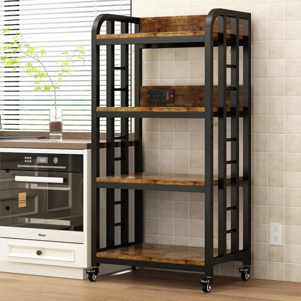 4-Tier Kitchen Bakers Rack with Power Outlet and Rolling Wheels, Microwave Stand with Storage, Adjustable Kitchen Shelves Freest