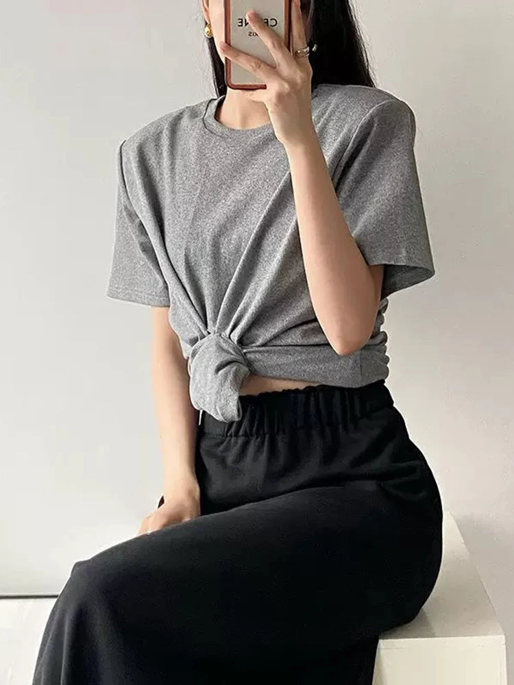 Y2K knotted twist knitted threaded round neck Top women fashionable and versatile navel padded shoulder short-sleeved T-shirt