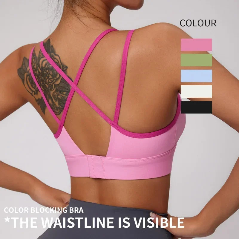 Women Fitness Bra Tights Yoga Vest High Strength Solid Color Soft Cross Back Shockproof Gym Sports Top Push Up with Chest Pad