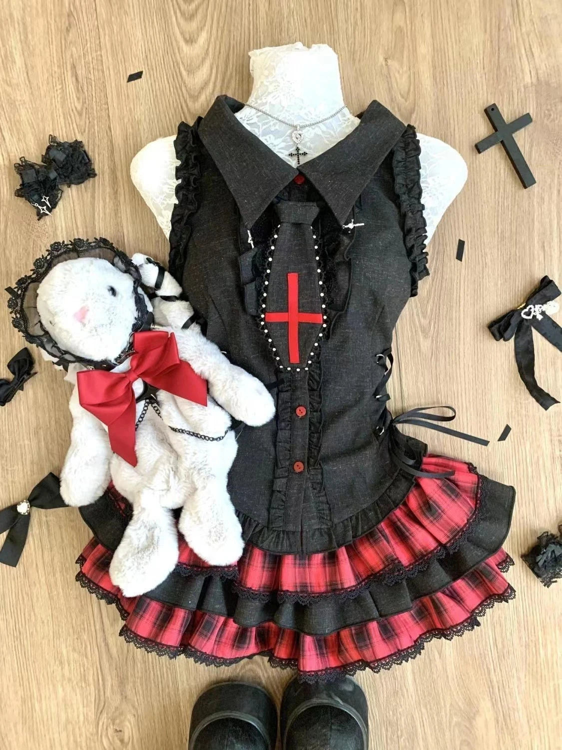 Japanese Sweet Preppy Style 2 Piece Set Women Kawaii Lace Patchwork Bow Tops + Y2k Plaid Mini Skirt Elegant Fashion Outifits New