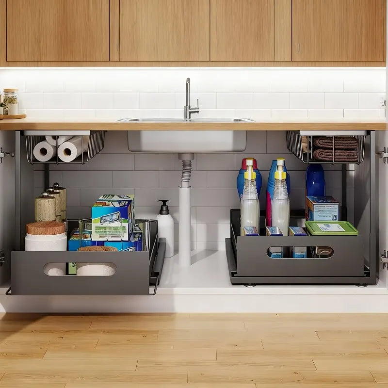 Under Sink 2 Tier Sliding Cabinet Basket Organizer Drawer Pull Out Cabinet Multi-PurposeSink Organizer for Bathroom Kitchen