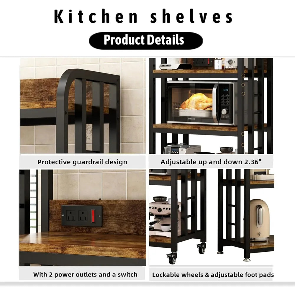 4-Tier Kitchen Bakers Rack with Power Outlet and Rolling Wheels, Microwave Stand with Storage, Adjustable Kitchen Shelves Freest