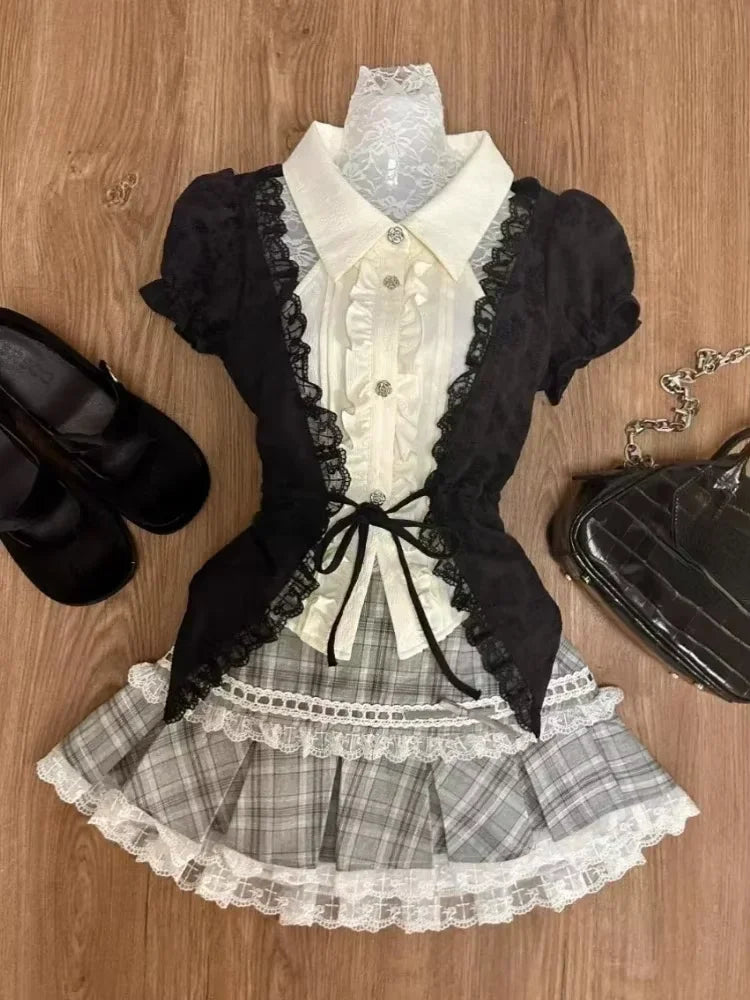 Japanese Sweet Preppy Style 2 Piece Set Women Kawaii Lace Patchwork Bow Tops + Y2k Plaid Mini Skirt Elegant Fashion Outifits New