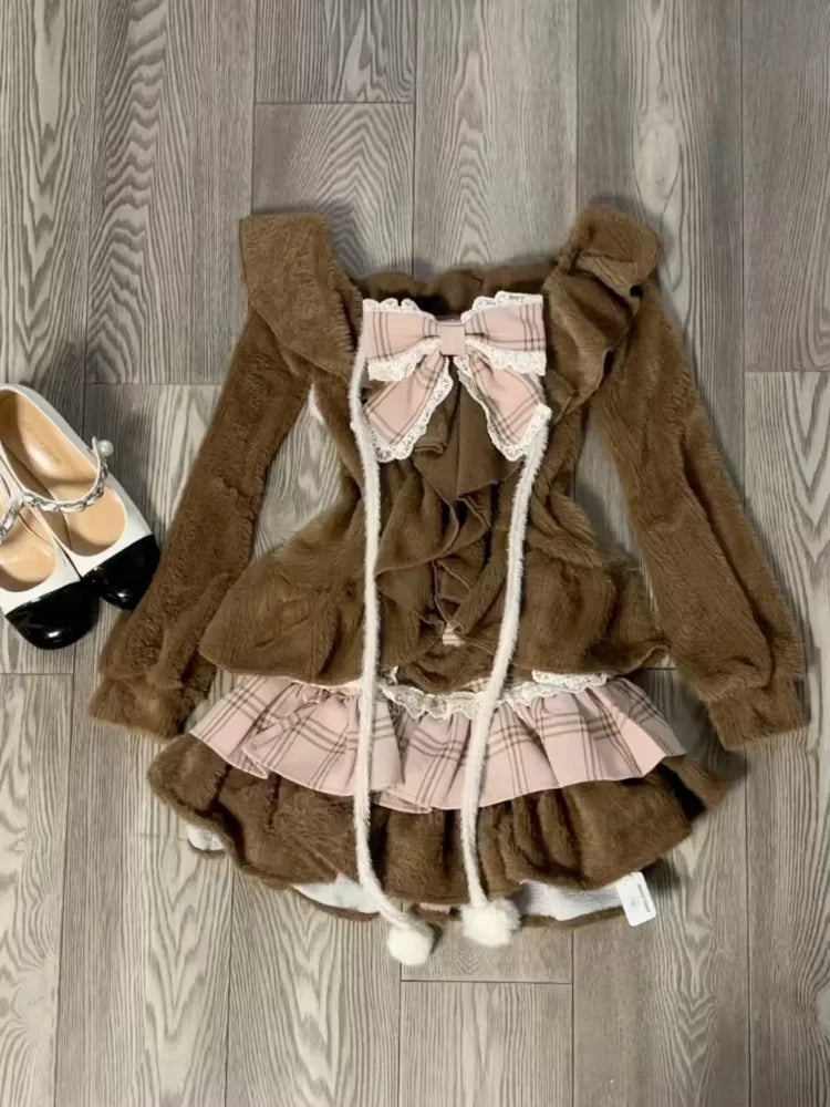 Japanese Sweet Preppy Style 2 Piece Set Women Kawaii Lace Patchwork Bow Tops + Y2k Plaid Mini Skirt Elegant Fashion Outifits New