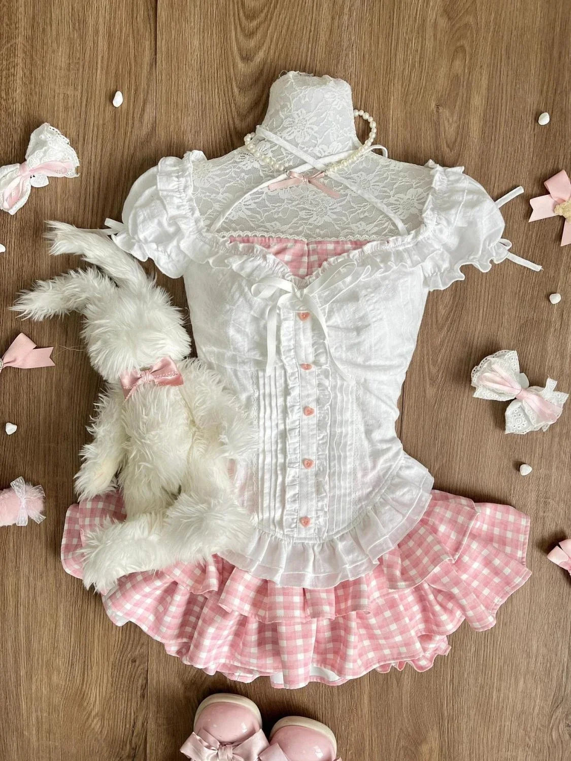 Japanese Sweet Preppy Style 2 Piece Set Women Kawaii Lace Patchwork Bow Tops + Y2k Plaid Mini Skirt Elegant Fashion Outifits New