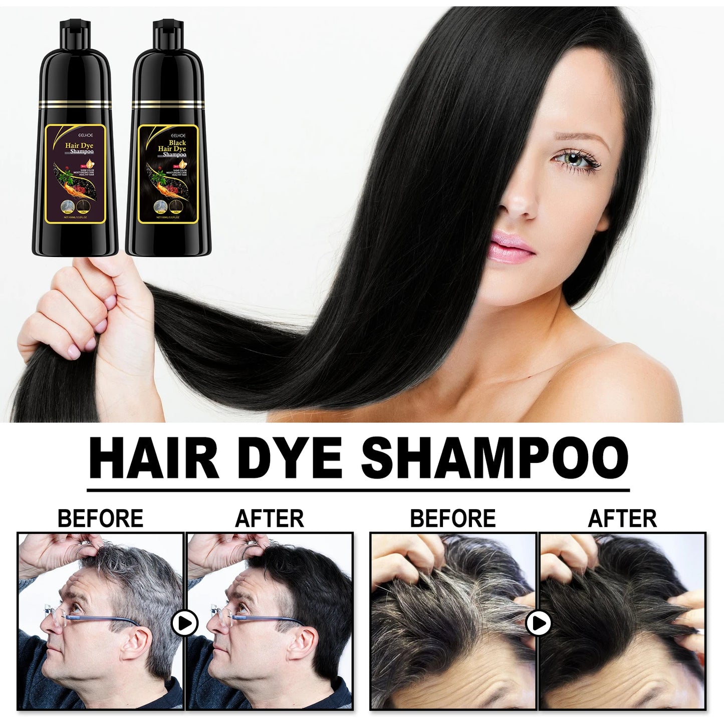 EELHOE 100ml Natural Plant Hair Dye Shampoo 3 in 1 Hair Color Shampoo for Gary Hair Quick Dark Black And Women Men Grey Coverage
