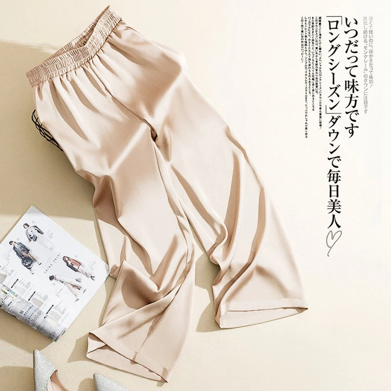 Acetate Satin Wide-leg Pants Women Summer New High-waisted Silk Straight Trousers Ladies Silky Green Korean Fashion Long Pants