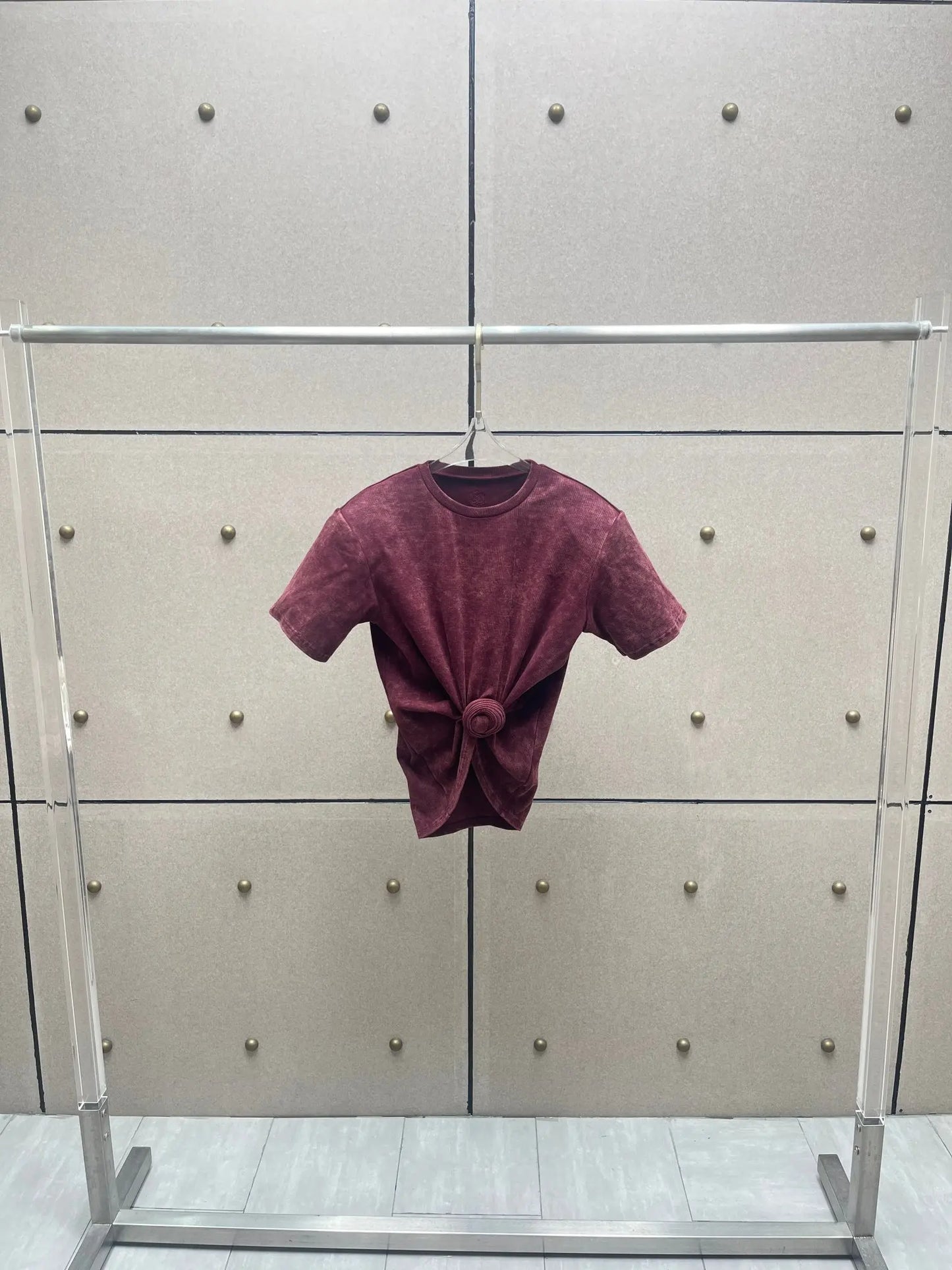 Y2K knotted twist knitted threaded round neck Top women fashionable and versatile navel padded shoulder short-sleeved T-shirt