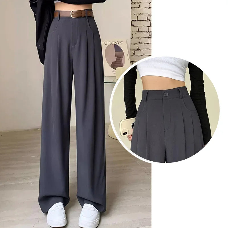 Women Fashion Suit Pants Lady Breathable Baggy High Waist Wide Leg Summer Trousers Lady Straight Leg Black Coffee Classic Pants