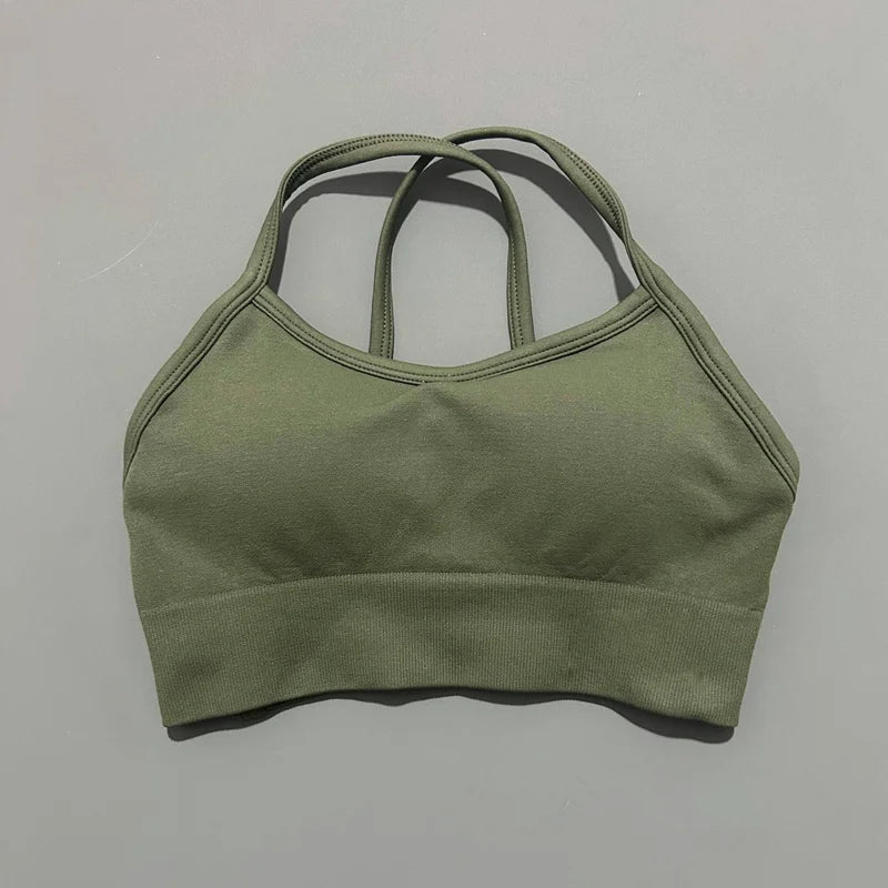 Histello Backless Sports Bra Women Seamless Yoga Top High Support Fitness Underwear Back Cross Gym Crop Top Running Workout Bras