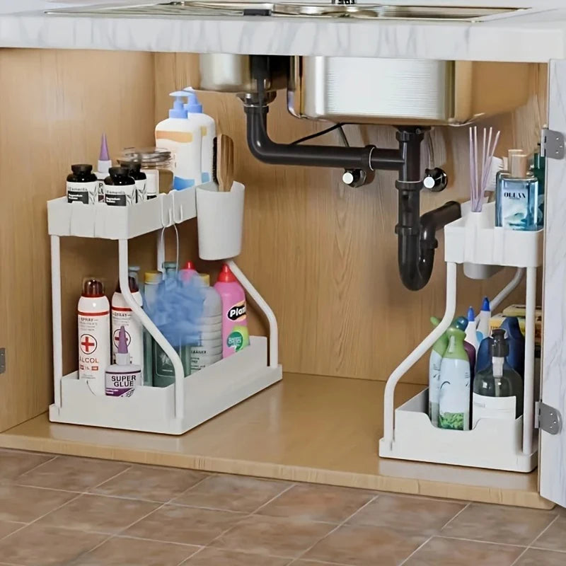 Space Saving 2 Tier Pull Out Storage Box Durable Large Capacity Kitchen Bathroom Essential Drawer Organizer