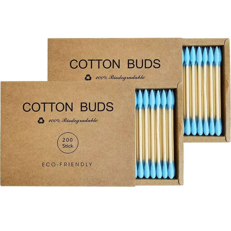Two boxes of bamboo cotton swabs 400 pcs, biodegradable, organic wooden cotton swabs, double-ended ear swabs, 100% eco-natural