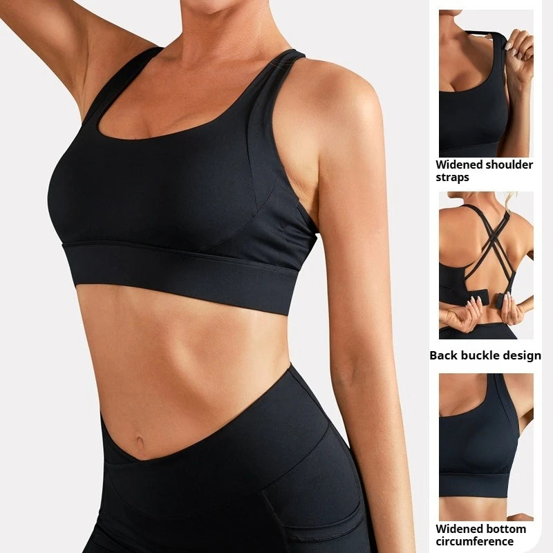 Women Solid Color Cross Back Fitness Sport Bra High Strength Tight Top Comprehensive Training Gym Yoga Bras with Chest Pad